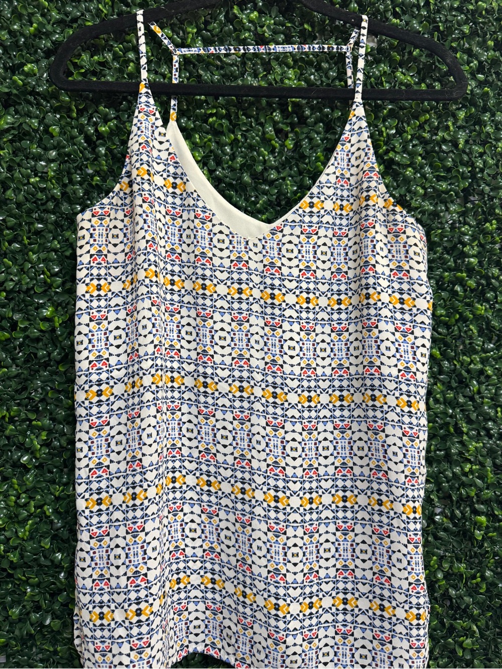 H&M White Printed V-Neck Spaghetti Strap Cami with Blue & Yellow Motif